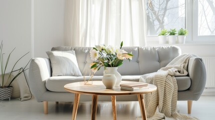 Flowers and wooden table in white living room with grey sofa. Authentic photograph