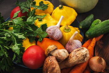 Assorted autumn vegetables as a background. Healthy, dietary food, Rich harvest.