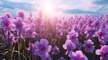Naklejka premium purple orchid flowers at the field.
