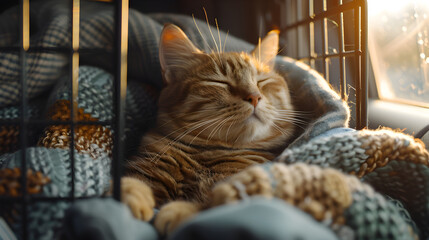 Cat sleeping in car seat. Generative by AI