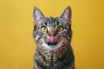 Obraz premium A cat with a pink tongue is looking at the camera. The cat's tongue is visible, and it is licking its face. The cat's expression is curious and playful, and it seems to be enjoying the moment