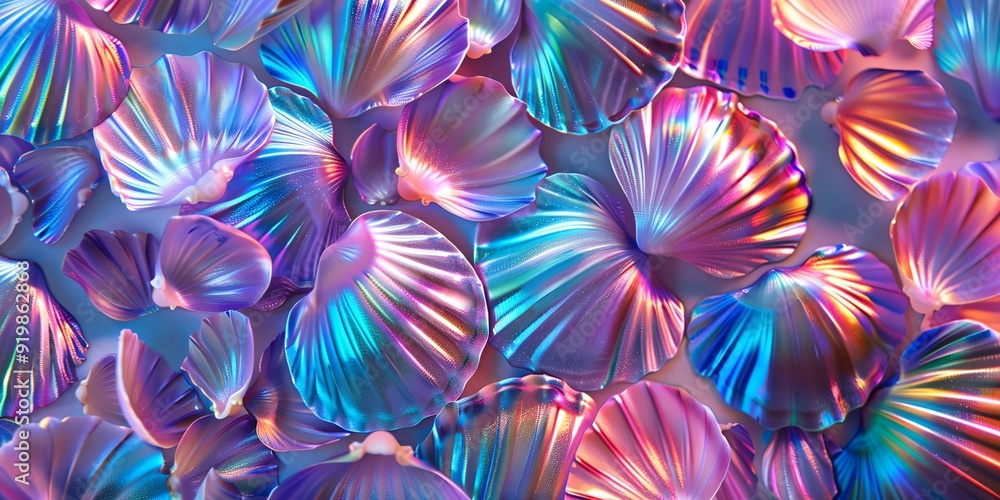 Poster a colorful array of shells with a blue and purple hue. the shells are arranged in a way that creates