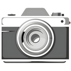 A digital camera icon featuring a lens and flash, representing photography and technology