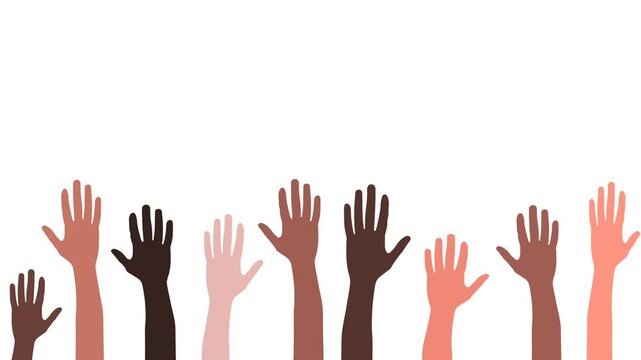 Animation of raised arms of a multiethnic and multicultural group of people. Friends, work team or group of people. White background and green screen background.
