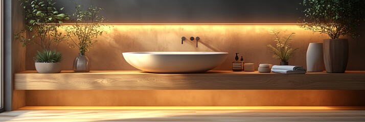A bathroom with a white sink and a wooden counter. The counter has a vase with a plant in it and a vase with a plant in it. There are also two cups on the counter