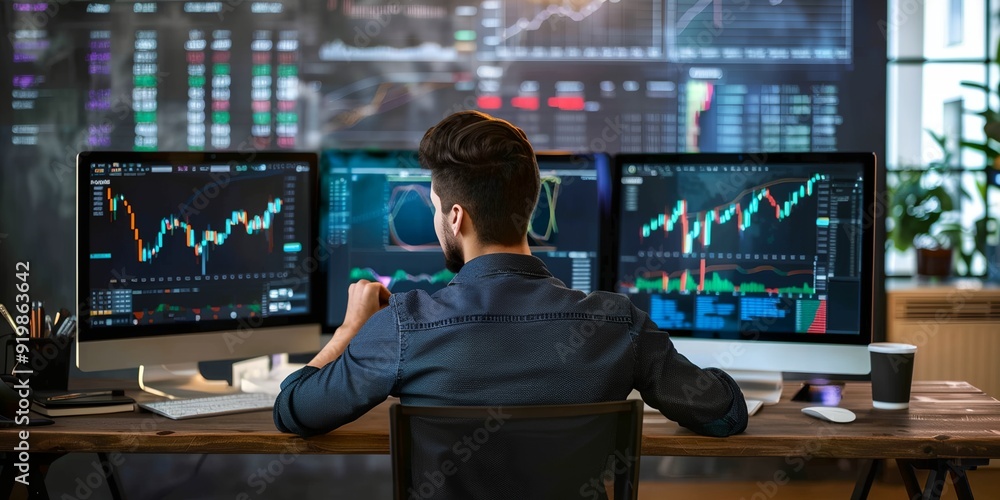 Poster a man is sitting at a desk with three computer monitors in front of him. he is focused on the screen