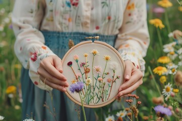 Obraz premium A woman holds a flowery embroidered piece of art in her hands. The embroidery features a variety of flowers, including daisies, and is surrounded by a field of wildflowers