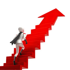 A businessman climbing stairs with an upward arrow, symbolizing growth and success