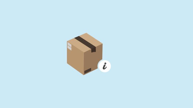 Brown box appearing on screen. Small info icon in the right corner. Information about a package animation. Blue background and green screen background.