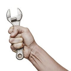 A hand holding a wrench white background