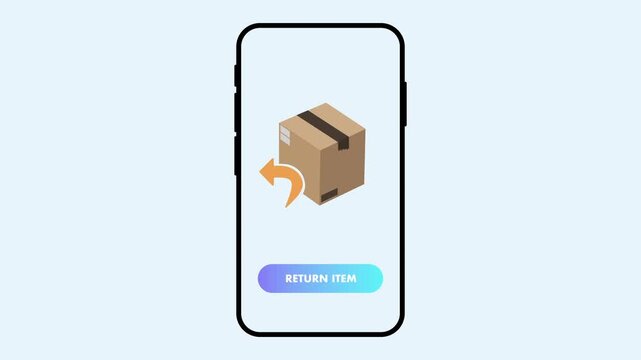 Brown box appearing inside an animated smartphone screen. Return arrow icon in the right corner. Return a package animation. Return item. Blue background. Green screen background.