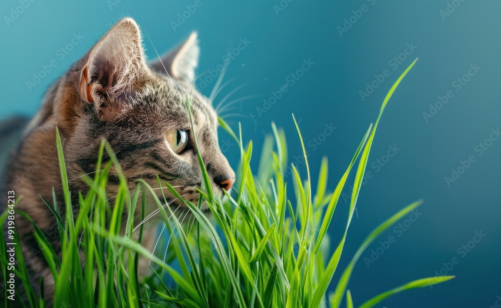 Wall mural A cat is looking at the camera while standing in a field of grass. The cat appears to be curious and alert, as it stares at the camera. The grass is tall and green, creating a peaceful