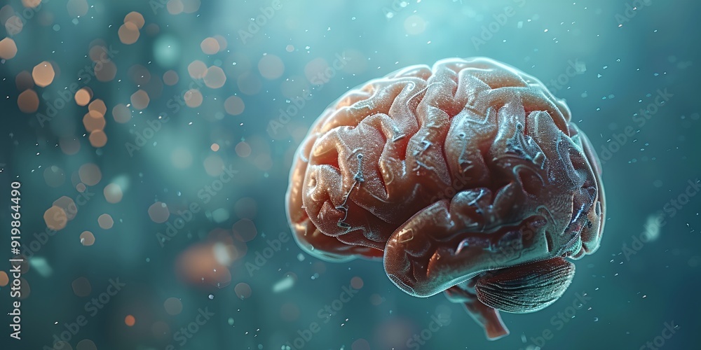 Poster a brain is floating in a blue ocean. the brain is surrounded by a blurry background. the brain is th
