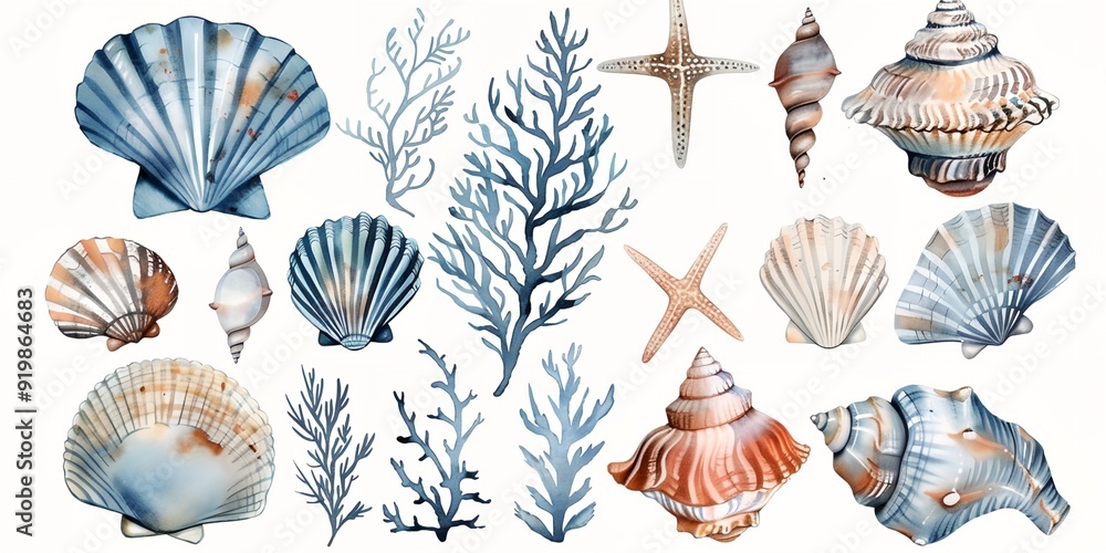 Poster a collection of seashells and starfish are displayed in a blue and white color scheme. the seashells