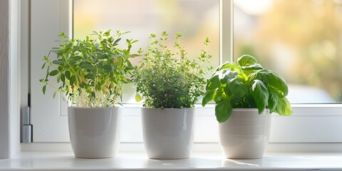 Three potted plants sit on a windowsill, each with a different type of herb. The plants are arranged in a row, with the tallest one in the middle and the shortest one on the far left