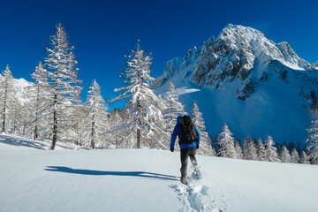 Man walking in snow shoes with panoramic view of snow capped mountain peak Bielschitza in Karawanks, Bärental, Carinthia, Austria. Ski touring in winter wonderland in the Austrian Alps on sunny day