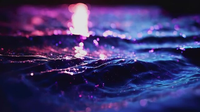 Ripples on a water surface reflecting vibrant purple and pink sunset hues. The sparkling lights create a magical, tranquil scene. The photo captures the serene beauty of a transitional twilight
