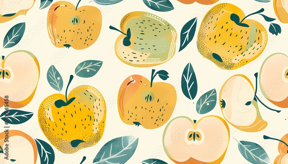 Wall mural a vibrant pattern featuring various illustrations of yellow apples and green leaves, ideal for backg