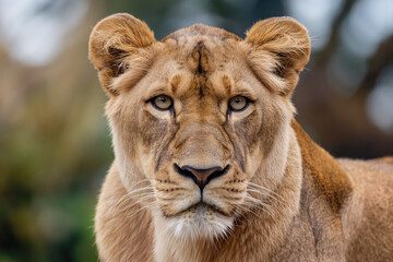 Naklejka premium A lion is staring at the camera with its eyes wide open