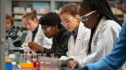 Engaged Freshman Students Conducting Science Experiment in Modern Laboratory