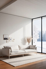 Modern minimalistic living room, white interior with arctic scenery behind big floor to ceiling windows