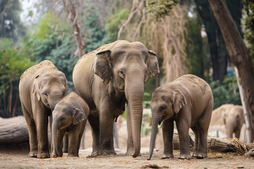 Fototapeta premium Three elephants standing in a dirt field