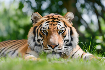 Naklejka premium A tiger is laying on the grass and looking at the camera