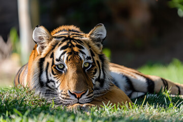 Fototapeta premium A tiger is laying on the grass with its eyes closed