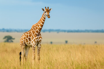 Obraz premium A giraffe stands in a field of tall grass