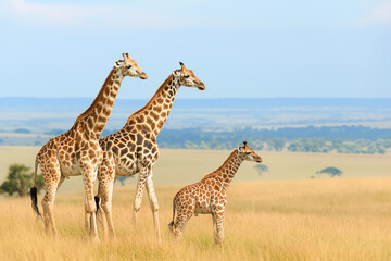 Obraz premium Three giraffes standing in a field with a beautiful blue sky in the background