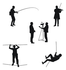 Fisherman, musician, violinist, journalist, tourist, climber, silhouettes of people, professions, hobbies