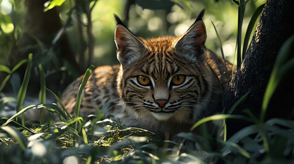 The margay (Leopardus wiedii) is a small wild cat native to Central and South America Cute close up of European wild cat Wild Cat, Generative AI


