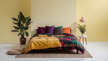 Stunning photograph of African black Ankara print patterns in yellow, purple, red, green, orange, and black