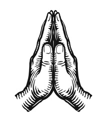 Pray, faith and hope emblem. Hands in praying position sketch. Hand drawn vector illustration