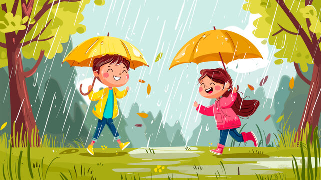 Children walking in rain. Boy and girl under umbrella walk and play rainy wether autumn city park, kids students go home after school walking with parasol vector illustration