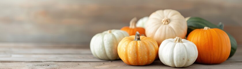 A bunch of pumpkins are on a wooden table