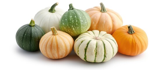 A bunch of different colored pumpkins are displayed on a white background