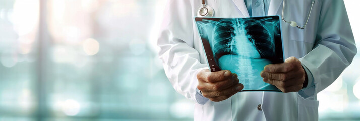 World Radiography Day. Doctor in hospital looking at chest x-ray. Horizontal banner. Copy space. International Day of Radiology. World patient safety day. For a medical clinic