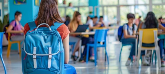 Modern School Backpack Display in Tech-Friendly Classroom Setting with Students Using Devices