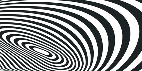 Abstract hypnotic spinning lines background. Black and white tunnel wallpaper. Psychedelic twisted stripes pattern. Rotating spiral knot template for poster, banner, cover. Vector optical illusion