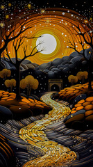 Obraz premium Autumn night landscape with moon, forest and winding road. A storybook cartoon illustration, fantasy art, poster art.