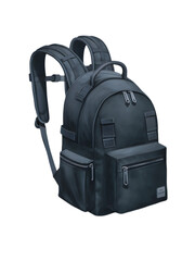 The image depicts a black backpack, isolated on a white background The backpack is designed for travel or school use and features zippers and a handle It resembles a rucksack, suitable for hiking or c