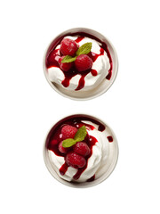 Summer Berry Delight: Two decadent dessert bowls, each brimming with whipped cream, fresh raspberries, and a drizzle of luscious red sauce. A symphony of colors and textures for a sweet treat that tan