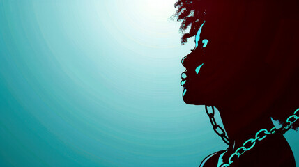 African American woman in chains on a blue background. International Day for the Abolition of Slavery. Horizontal banner. Copy space. Day against trafficking in person. Black or Negro History Month