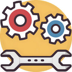 Gearing Up for Success: A vibrant, minimalist illustration featuring interlocking gears and a sturdy wrench, symbolizing seamless teamwork, efficient workflow, and technical expertise. 