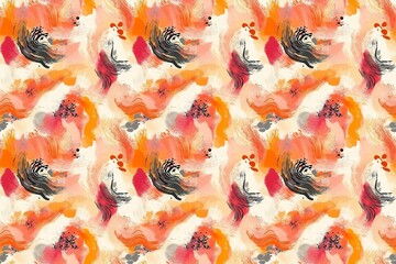 Abstract bohemian coral design with swirling shapes and textured brush strokes in bright colors