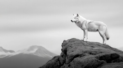 a wolf standing on a rock, solid white background, black and white
