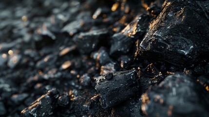 Fototapeta premium Close-up of coal rocks. The black, shiny coals are covered with a thin layer of dust and have a rough texture. Lighting creates bright reflections on the surface of the coal.