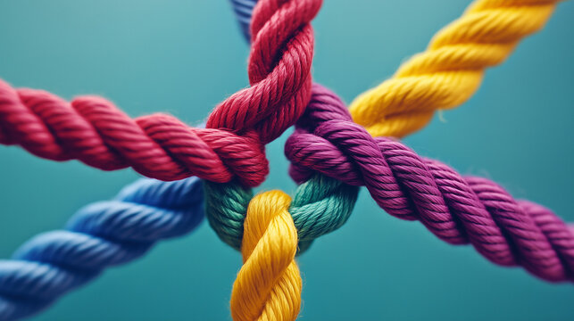 Team building and team strengthening concept symbolised with colorful ropes, created with generative AI technology