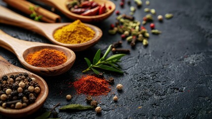 Wooden spoons with spices on a dark surface. Concept of vegetarian cuisine and healthy eating, with room for text, close-up shot.